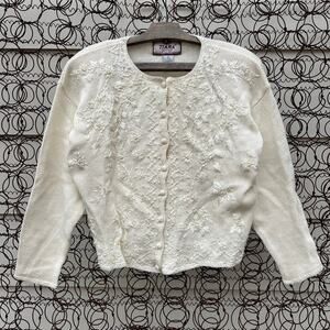 Vintage knit cardigan sweater embroidered Vining floral and bead design Tiara